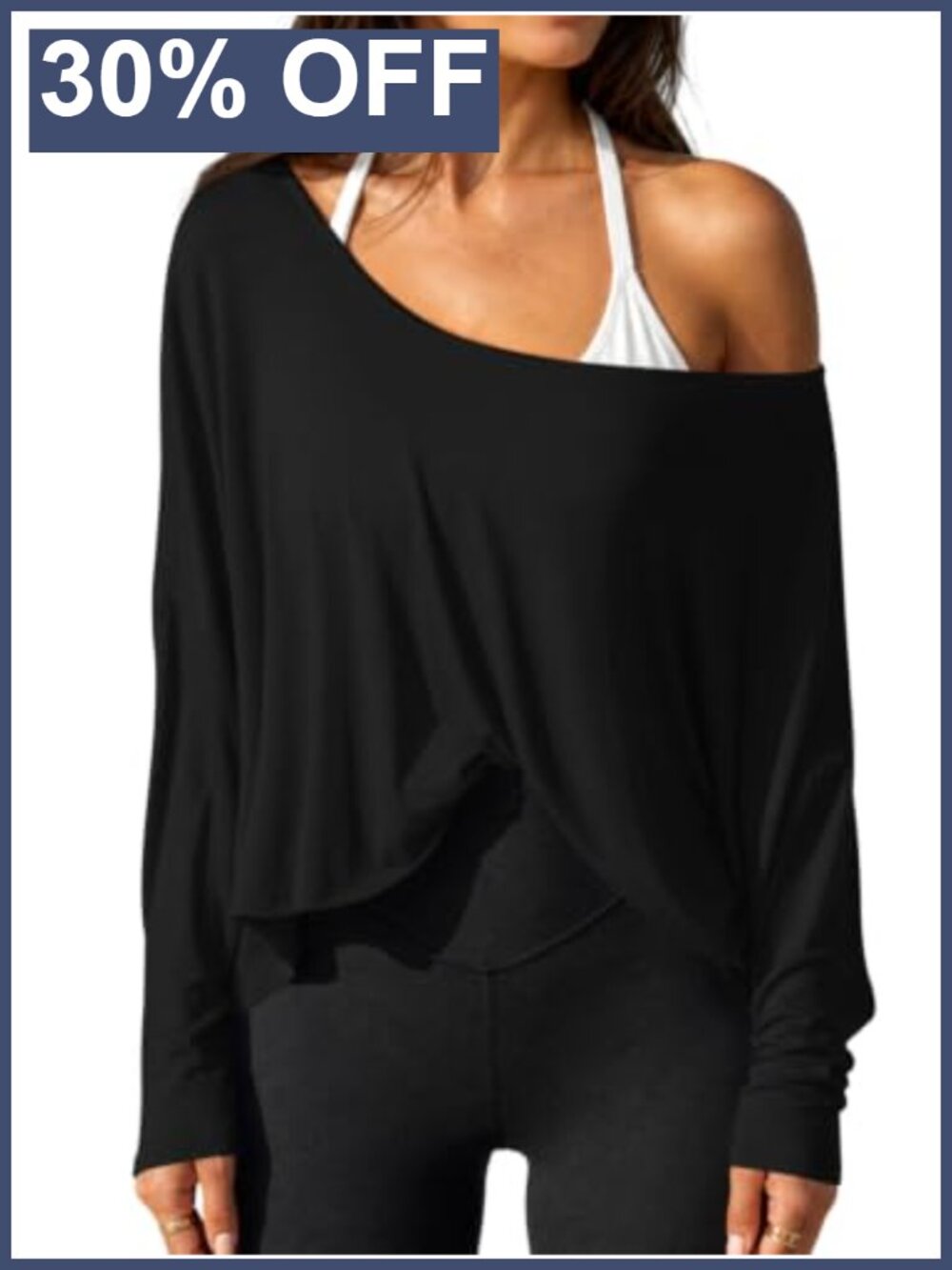 Oversized Off Shoulder Long Sleeve Tee Stretchy Viscose Knit Workout Tunic